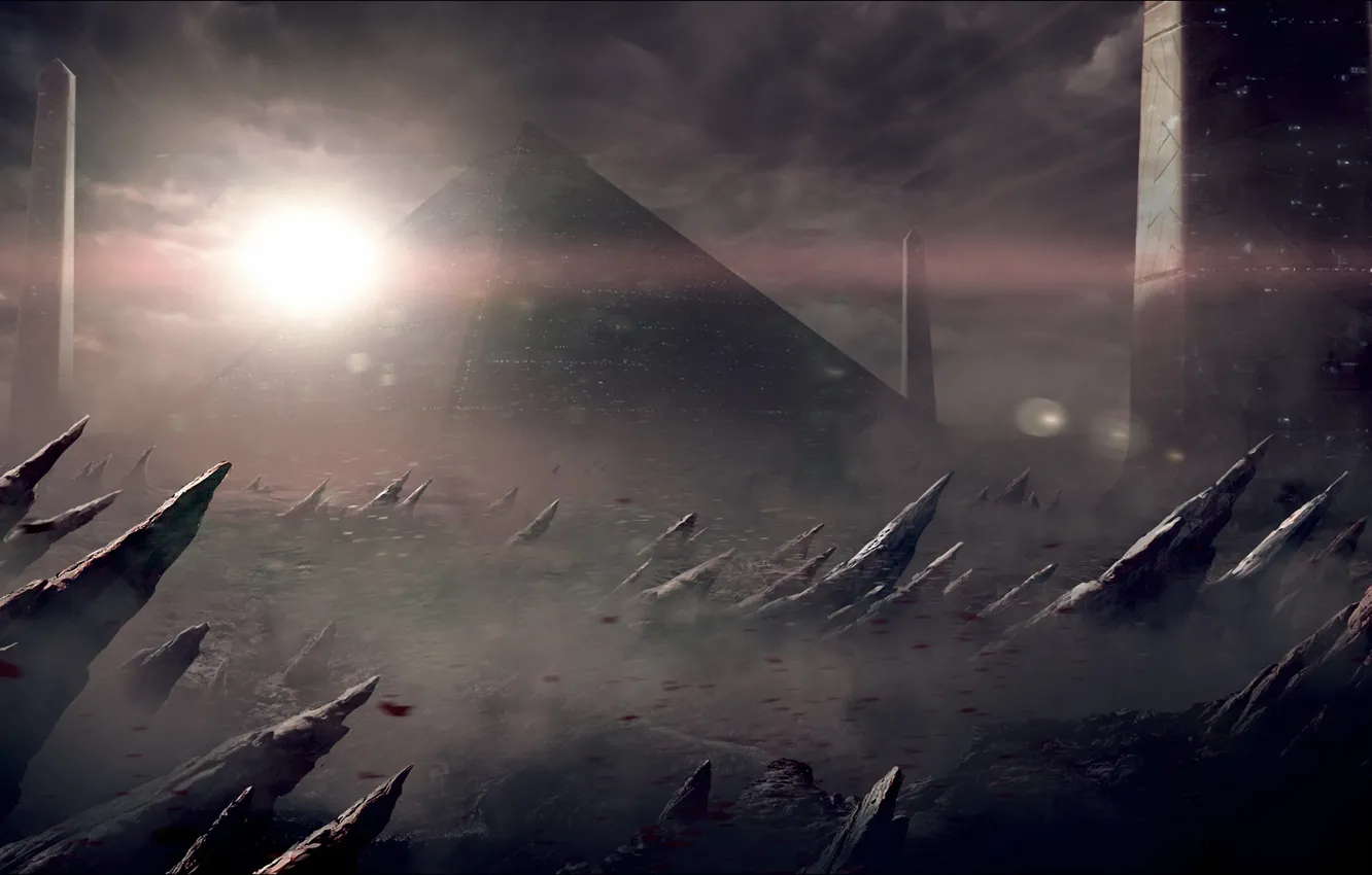 Photo wallpaper lights, rocks, the wind, planet, dust, art, pyramid, columns