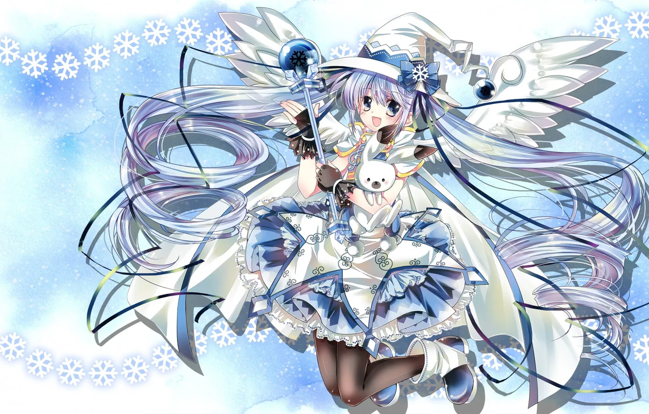 Photo wallpaper girl, hare, wings, hat, anime, art, vocaloid, yuki miku