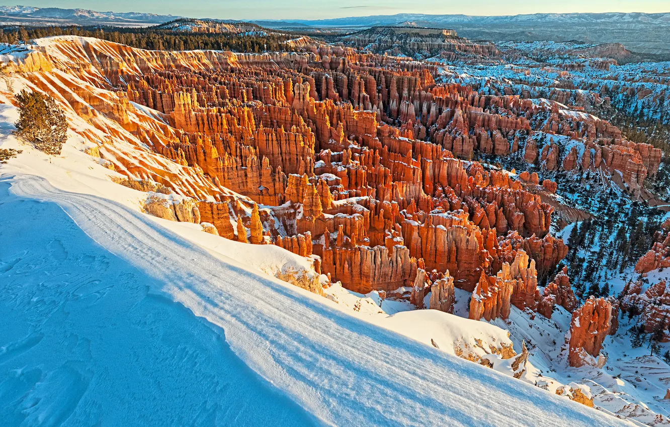 Photo wallpaper winter, snow, mountains, rocks, Utah, USA, Bryce Canyon National Park