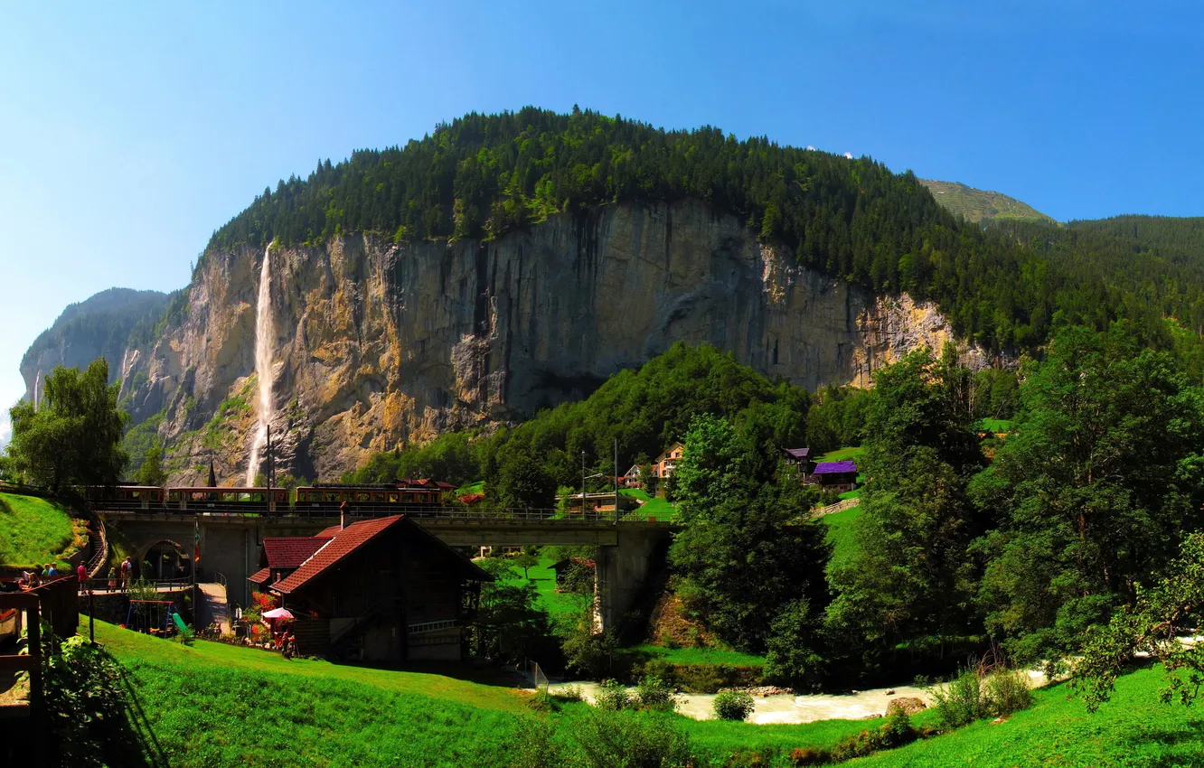 Photo wallpaper greens, summer, bridge, the city, rocks, train, Switzerland, Lauterbrunnen
