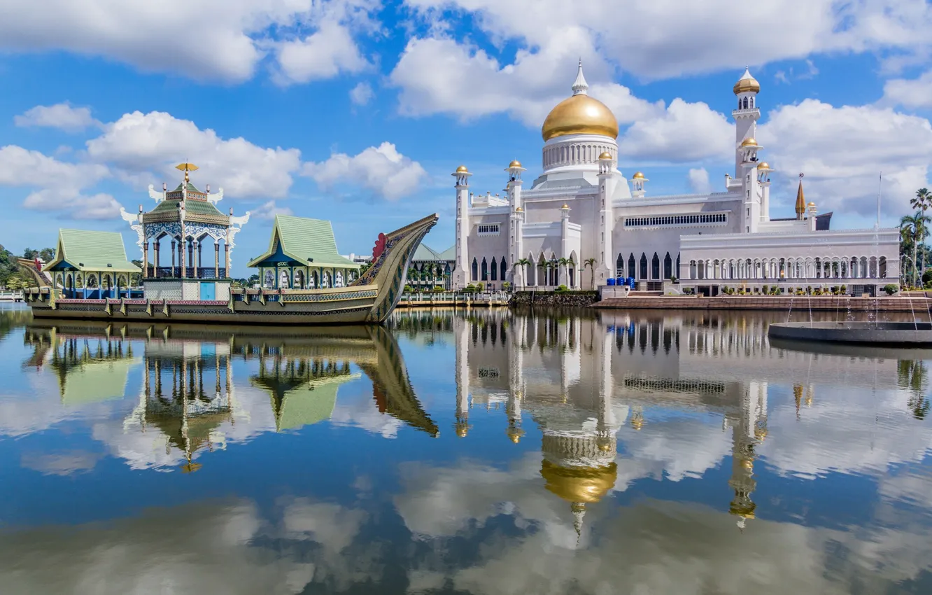 Photo wallpaper water, mosque, Brunei, Brunei, Ali Saifuddin Mosque, Sultan Omar