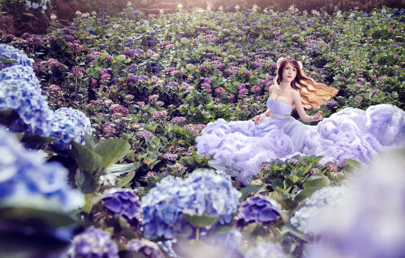 Photo wallpaper Flowers, Asian, Dress, Hydrangea, Girl
