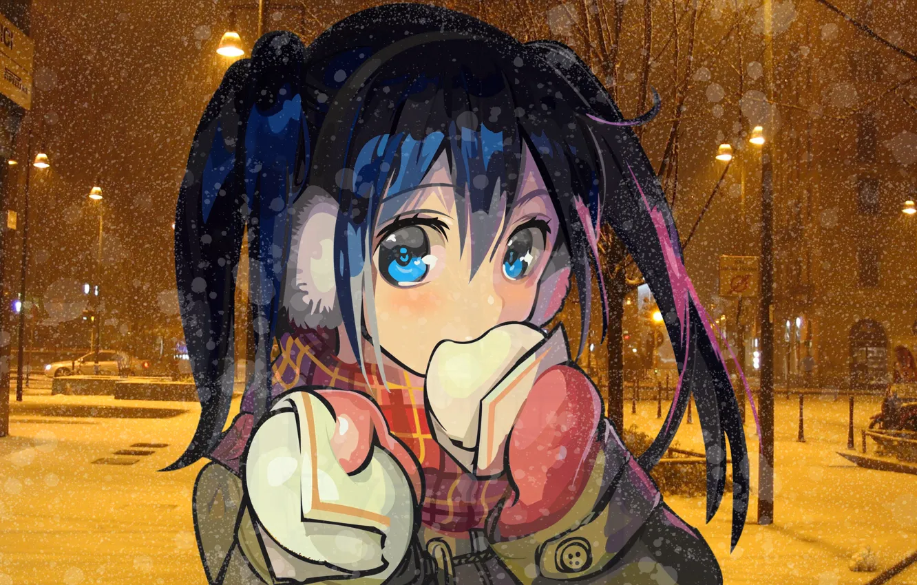 Photo wallpaper winter, girl, the city, windows7, cakes, treats