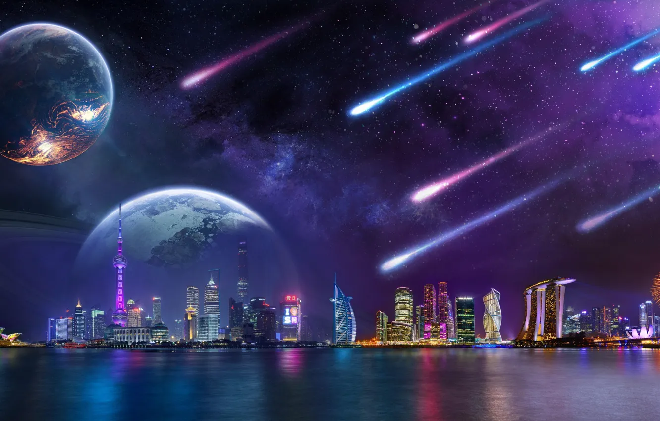 Photo wallpaper stars, night, nebula, lights, planet, home, skyscrapers, architecture