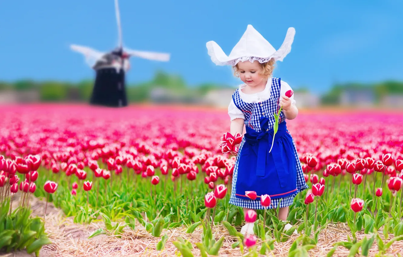 Photo wallpaper flowers, child, hat, colorful, dress, girl, tulips, dress