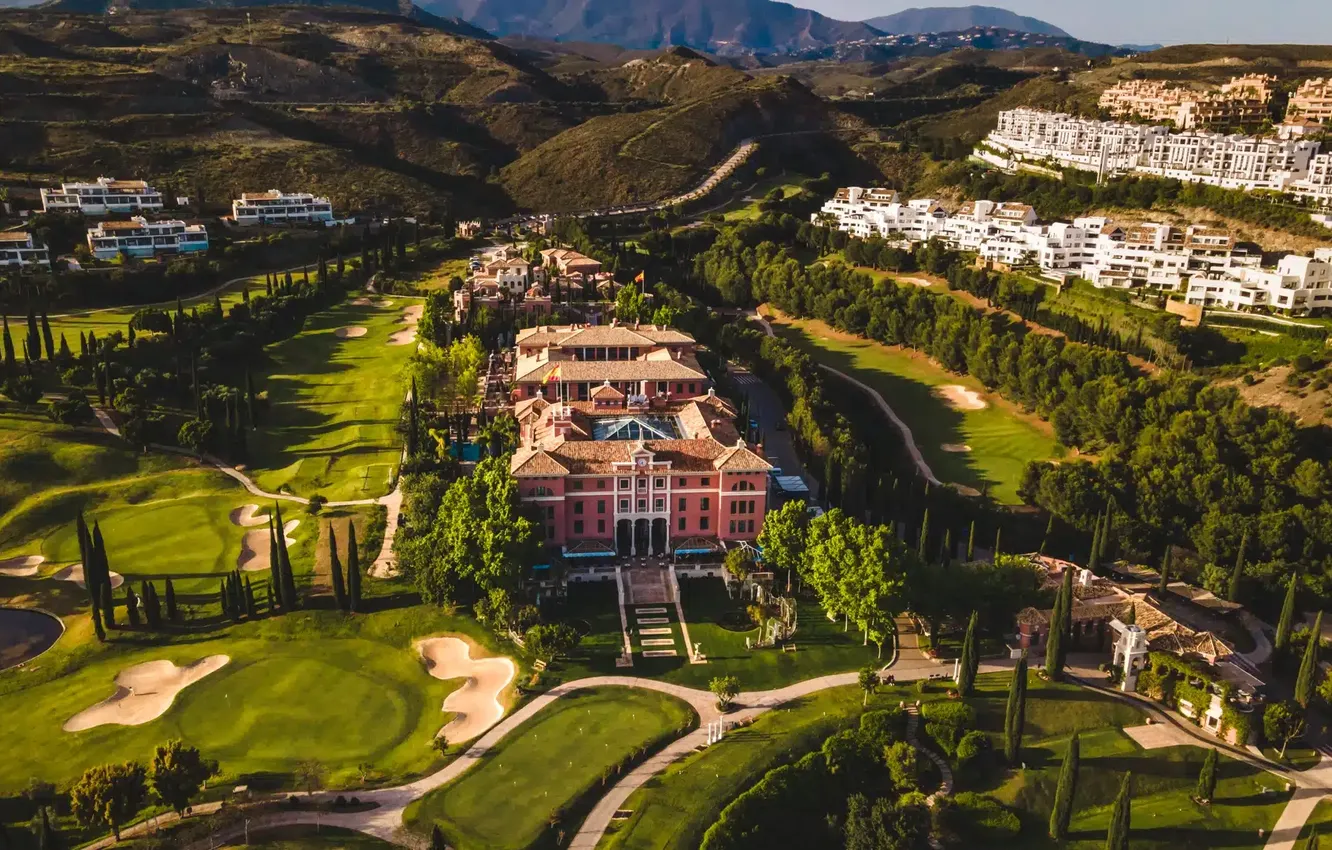 Photo wallpaper mountains, the city, castle, Villa, home, the hotel, architecture, resort