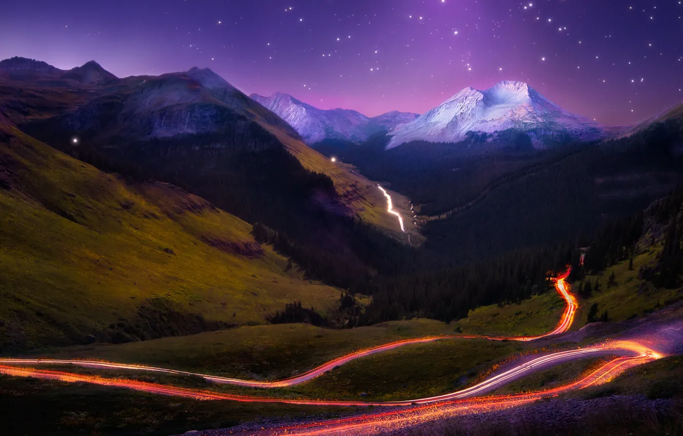 Photo wallpaper road, forest, the sky, stars, snow, landscape, mountains, night