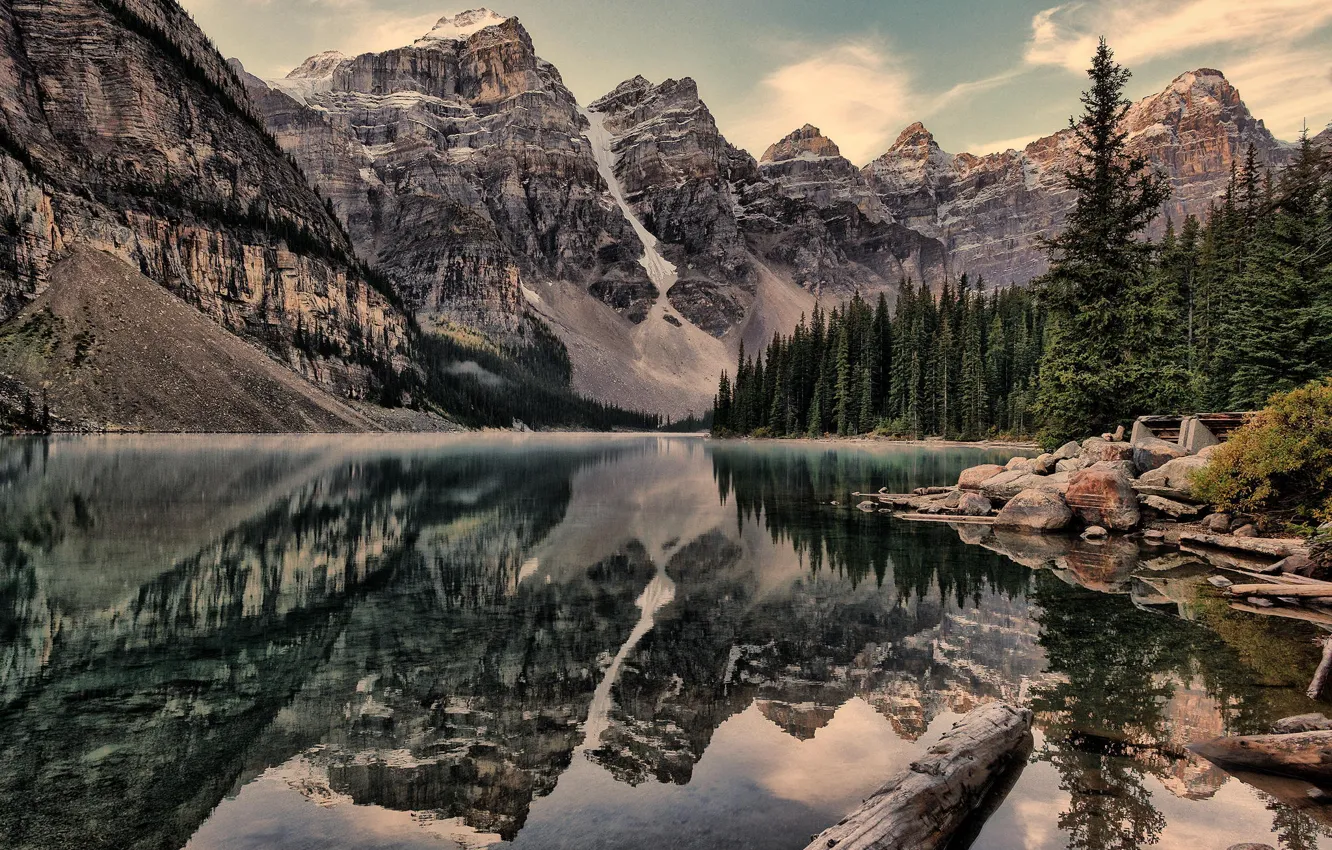 Photo wallpaper forest, snow, mountains, Canada, the lake. nature
