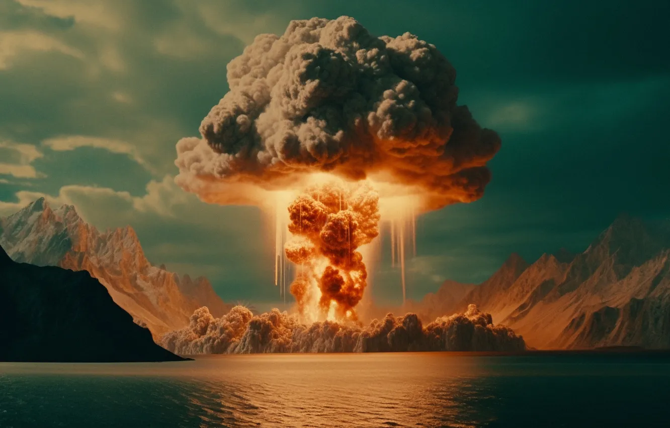 Photo wallpaper sea, mountains, the explosion, mushrooms, a nuclear explosion, digital art, nuclear weapons, AI art