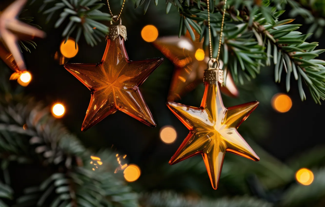 Photo wallpaper stars, branches, lights, new year, Christmas, gold, needles, Christmas decorations