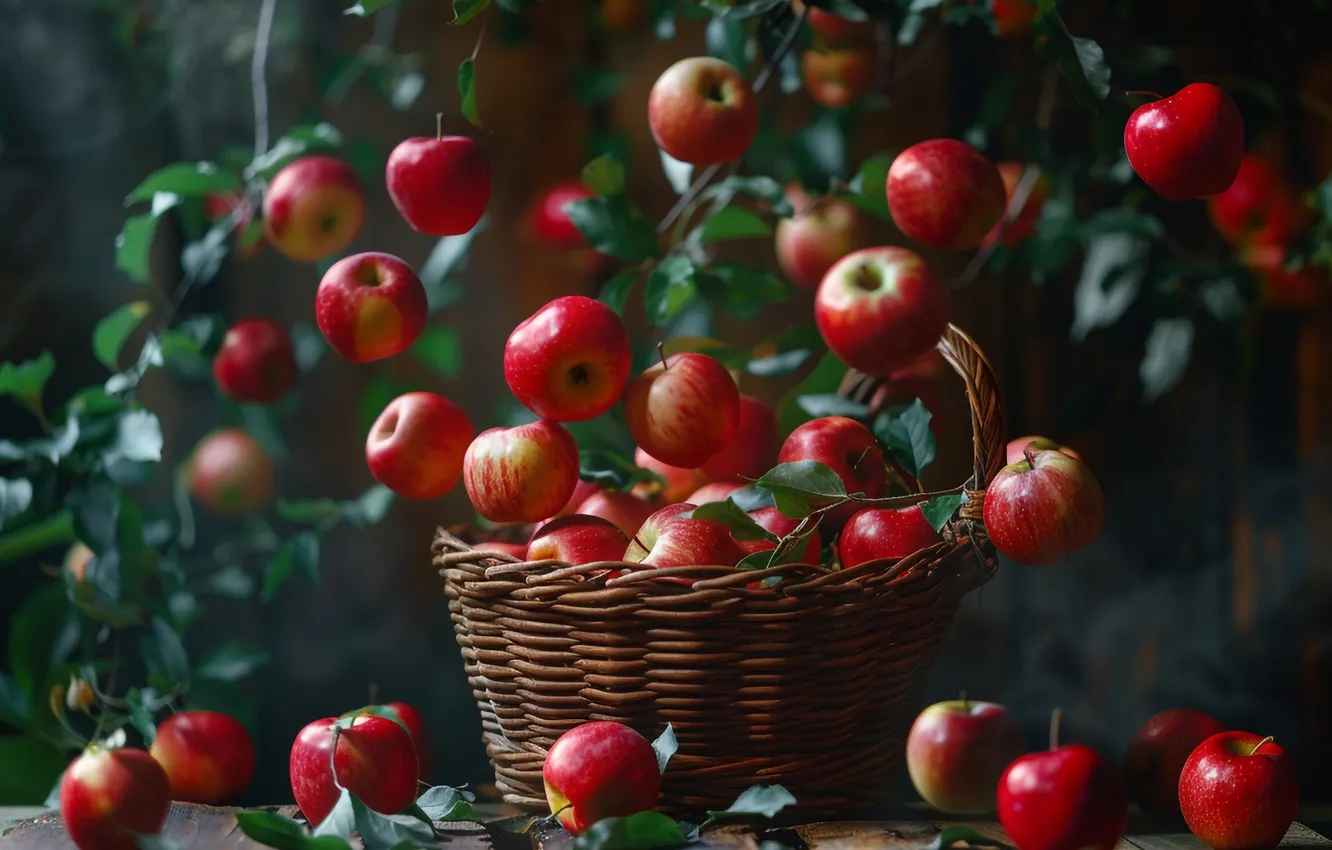 Photo wallpaper autumn, leaves, flight, red, apples, garden, harvest, fruit