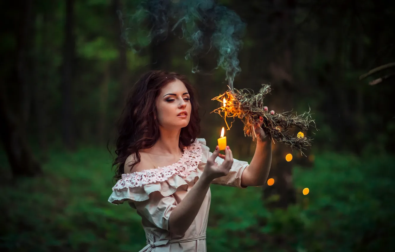 Photo wallpaper background, fire, flame, smoke, candle, makeup, dress, hairstyle