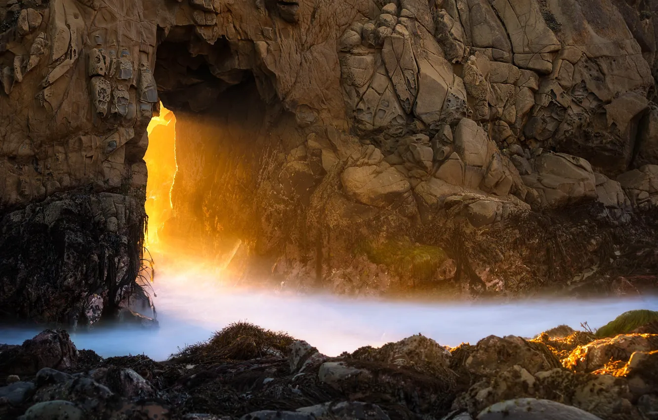 Photo wallpaper rock, the ocean, California, Big Sur, McWay Falls, Julia Pfeiffer Burns State Park