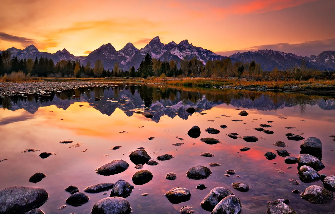 Photo wallpaper landscape, sunset, mountains, lake, stones