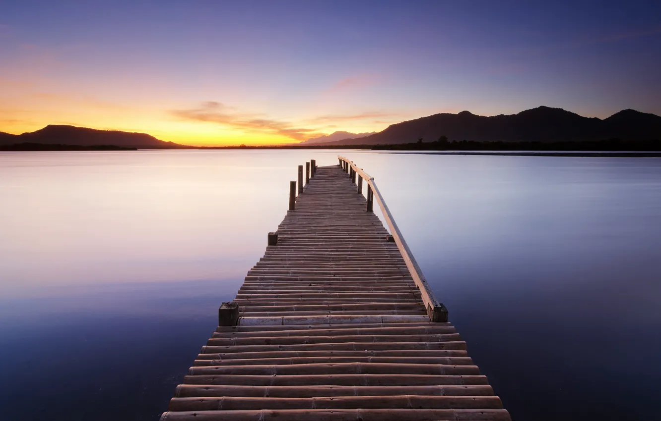 Photo wallpaper lake, hills, morning, pierce, lake, morning, hills, pier