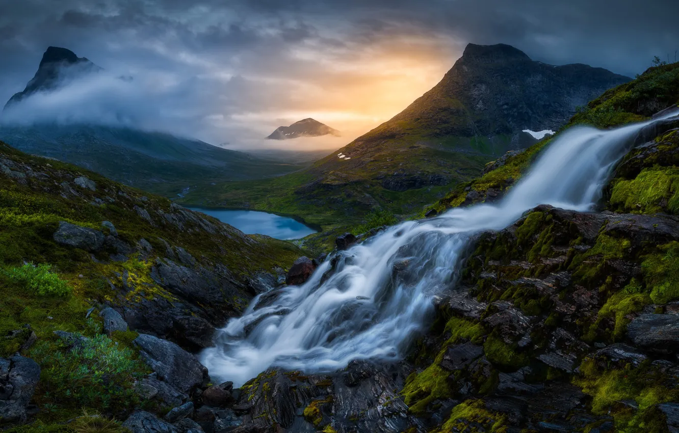 Photo wallpaper mountains, fog, dawn, waterfall, morning, Norway, Norway, Romsdalen Valley