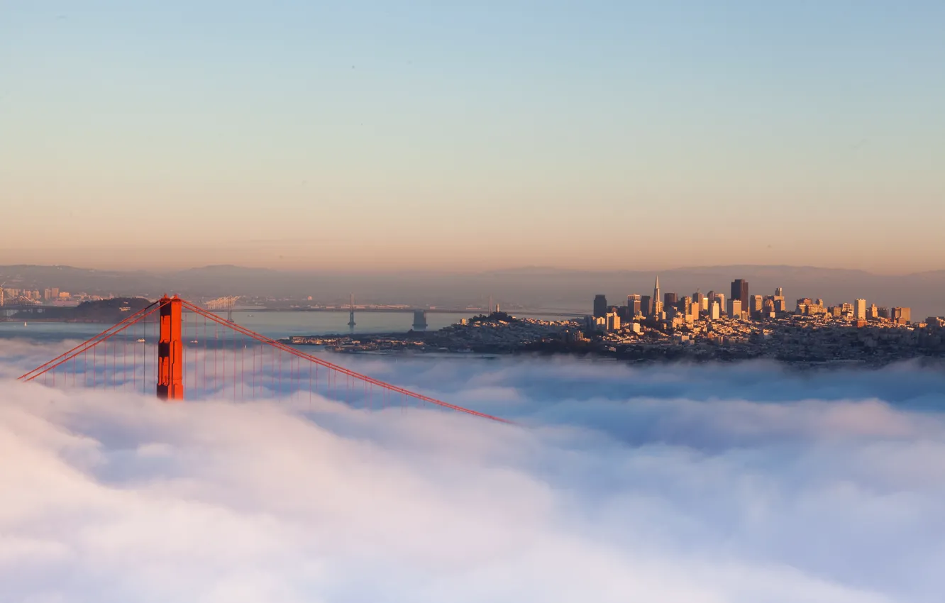 Photo wallpaper bridge, the city, fog, morning, CA, USA, California, San Francisco