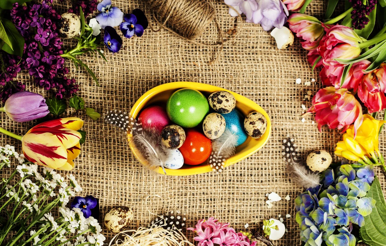 Photo wallpaper flowers, eggs, spring, frame, colorful, Easter, burlap, flowers