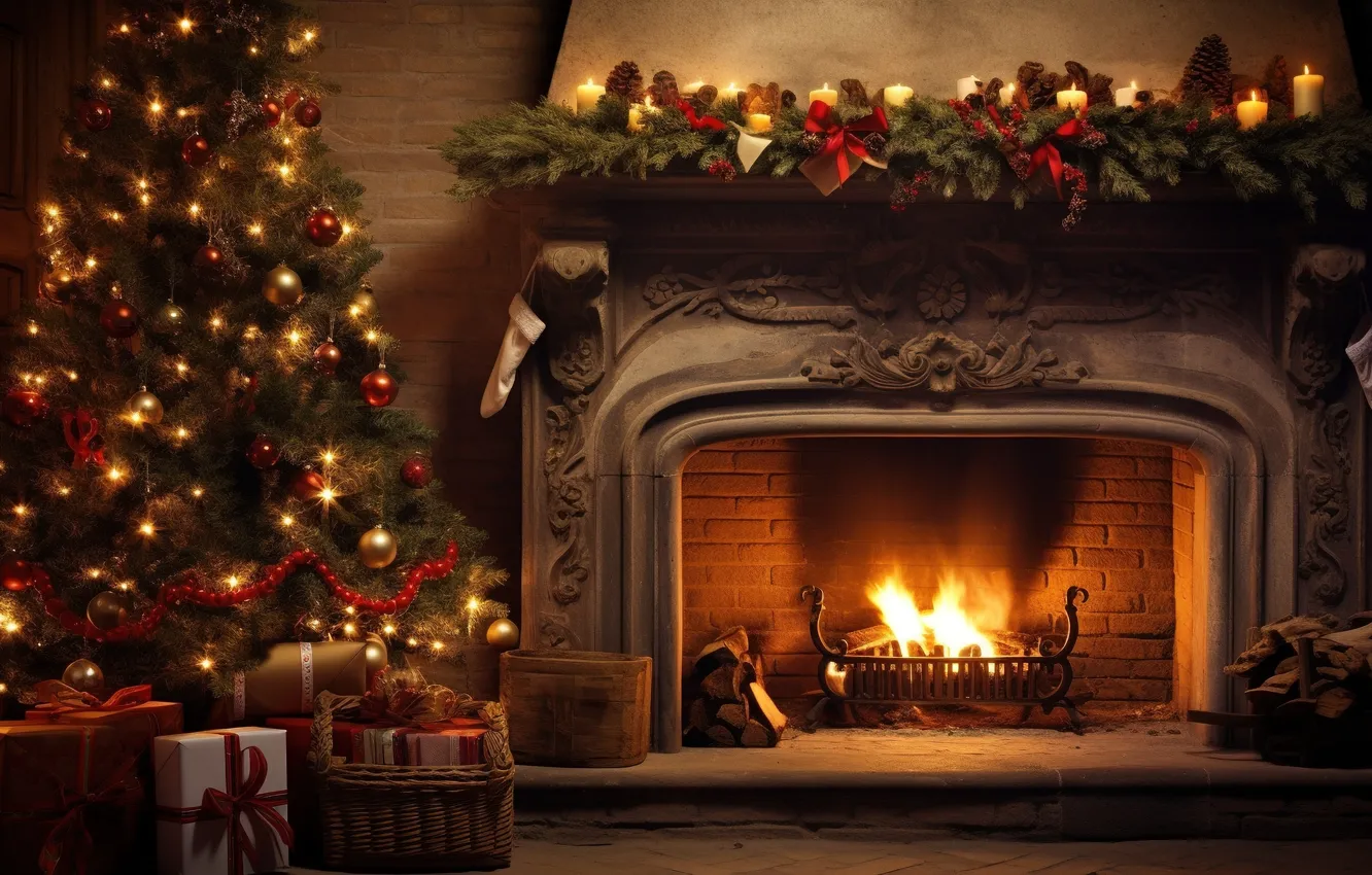 Wallpaper decoration, room, balls, tree, interior, New Year, Christmas ...