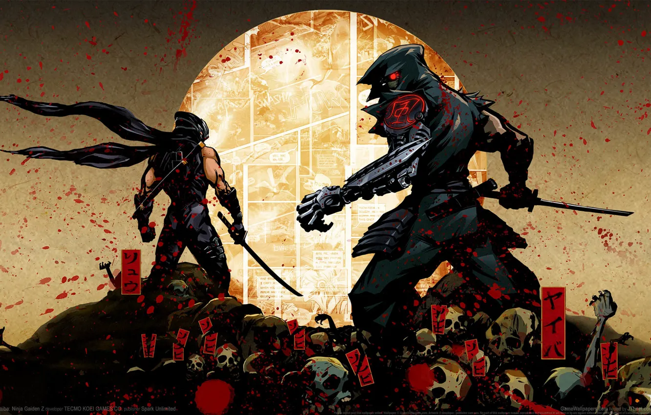 Photo wallpaper squirt, blood, sword, katana, bones, hood, characters, skull