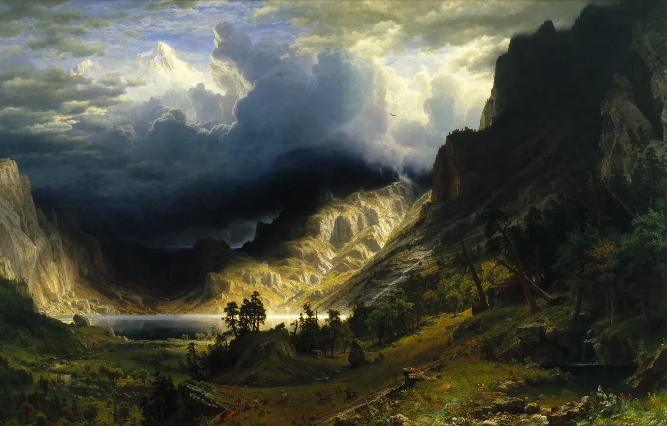 Photo wallpaper picture, painting, painting, Albert Bierstadt, A Storm in the Rocky Mountains, Mt.Rosalie