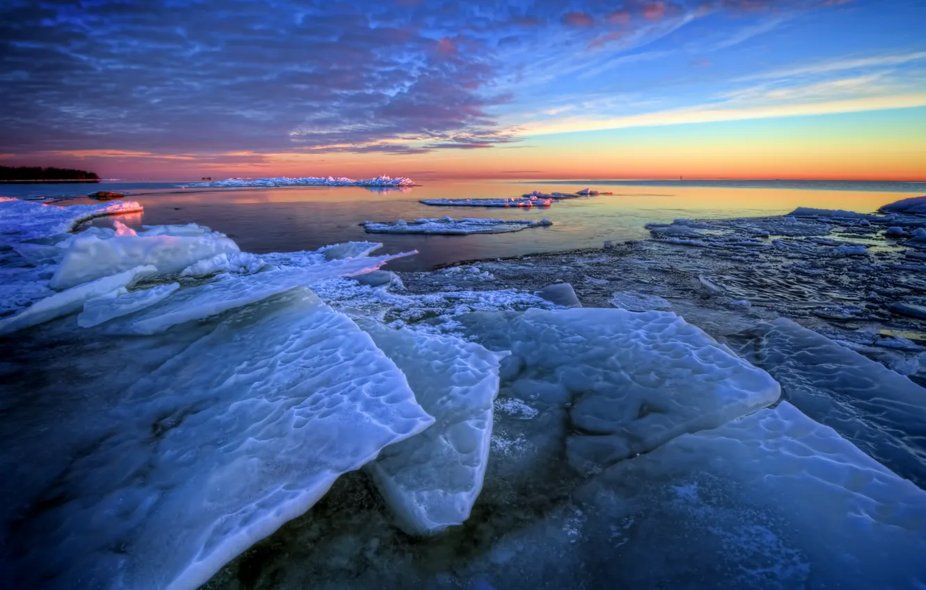 Photo wallpaper winter, sea, dawn, morning, ice