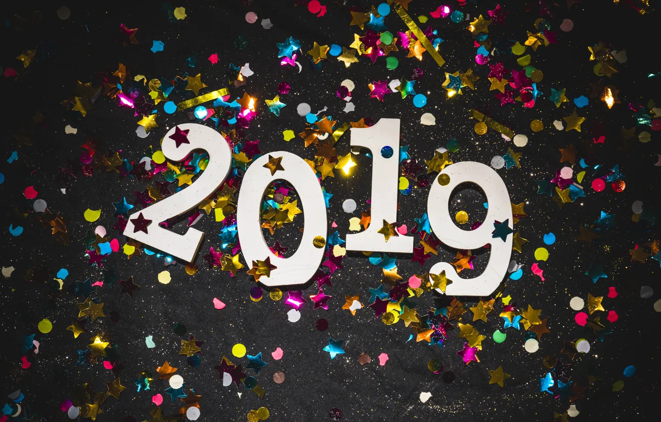 Photo wallpaper colorful, New Year, figures, happy, New Year, confetti, confetti, 2019