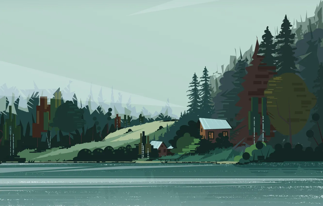 Photo wallpaper forest, trees, lake, home, art, house, forest, trees