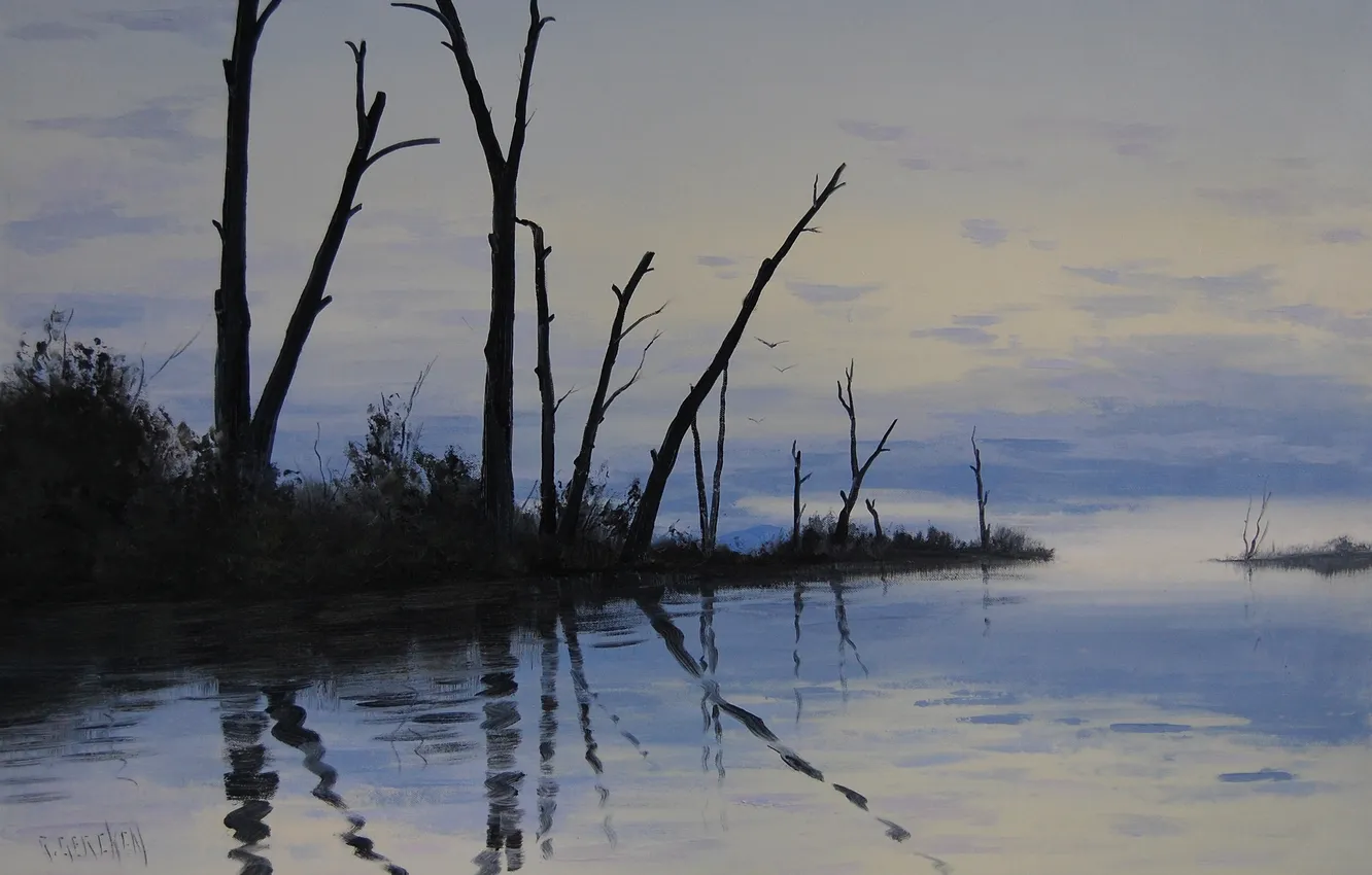 Photo wallpaper trees, nature, lake, reflection, trunks, stick, art, twilight