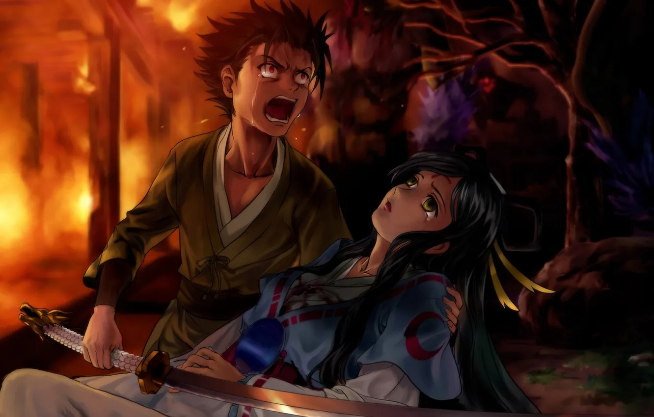 Photo wallpaper girl, mountains, lights, emotions, sword, katana, Dead, tears