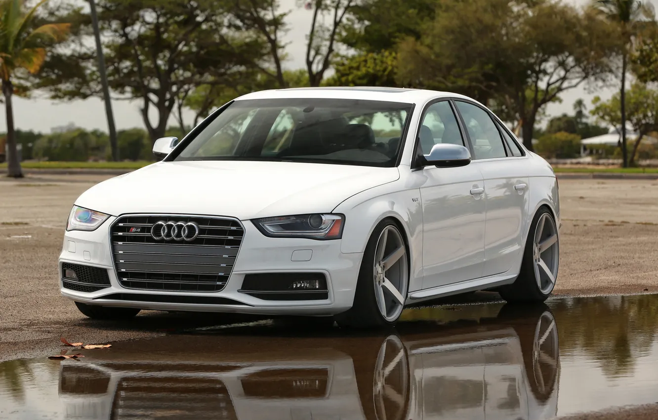 Photo wallpaper white, reflection, Audi, Audi, lights, puddle, Vossen