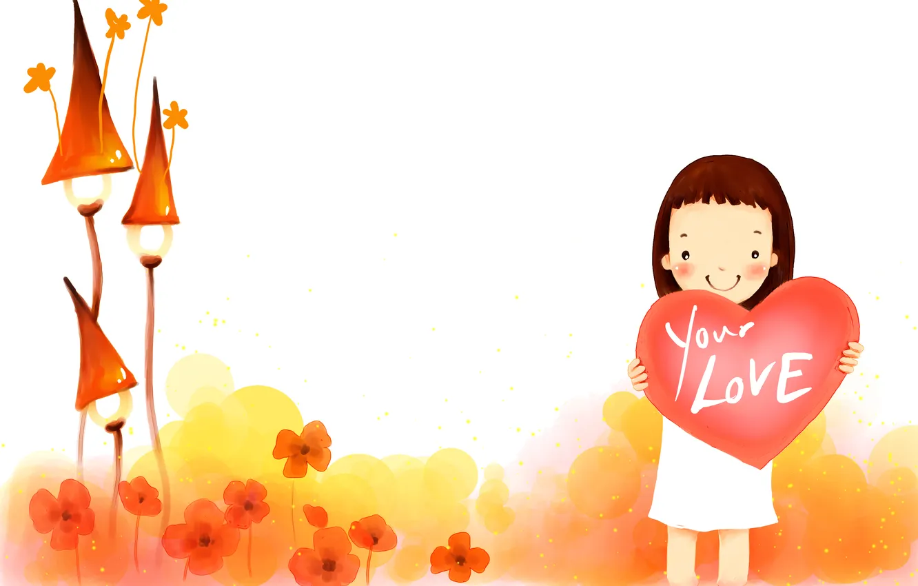 Photo wallpaper flowers, smile, girl, hearts, house