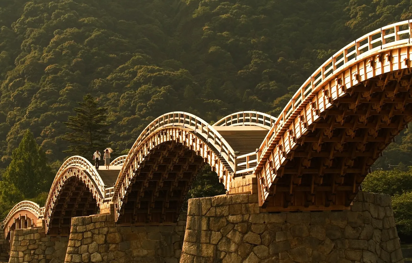 Photo wallpaper wave, forest, mountains, bridge, pair, form