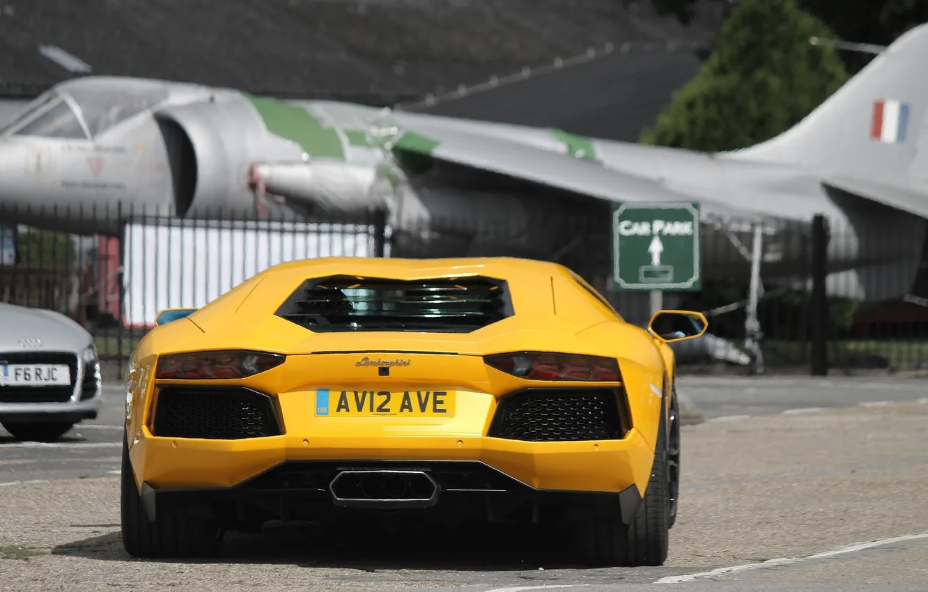 Photo wallpaper yellow, Lamborghini, the plane, yellow, back, LP700-4, Aventador, Lamborghini