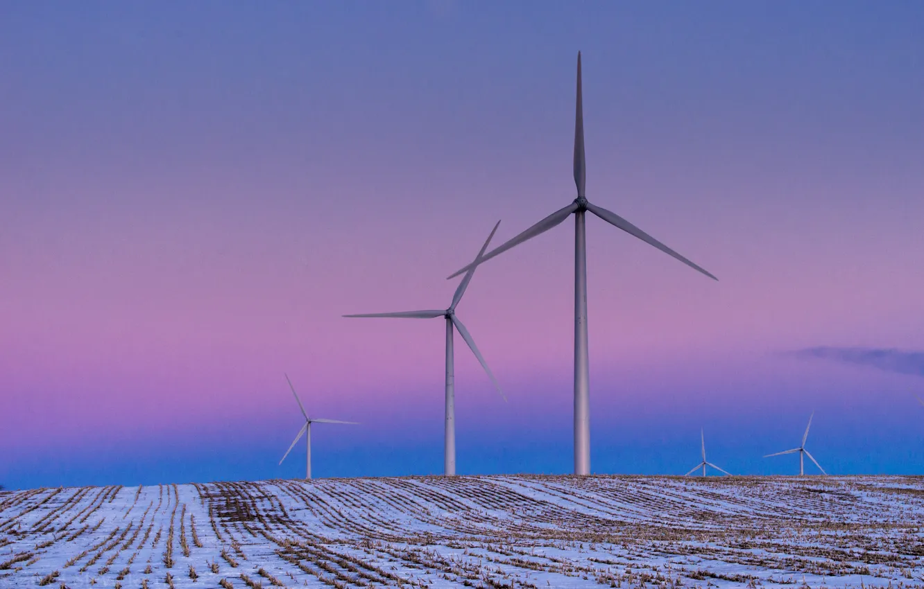 Photo wallpaper field, the sky, snow, glow, windmill