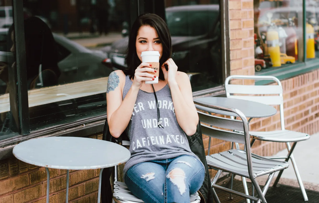 Photo wallpaper coffee, brunette, cafe, sitting