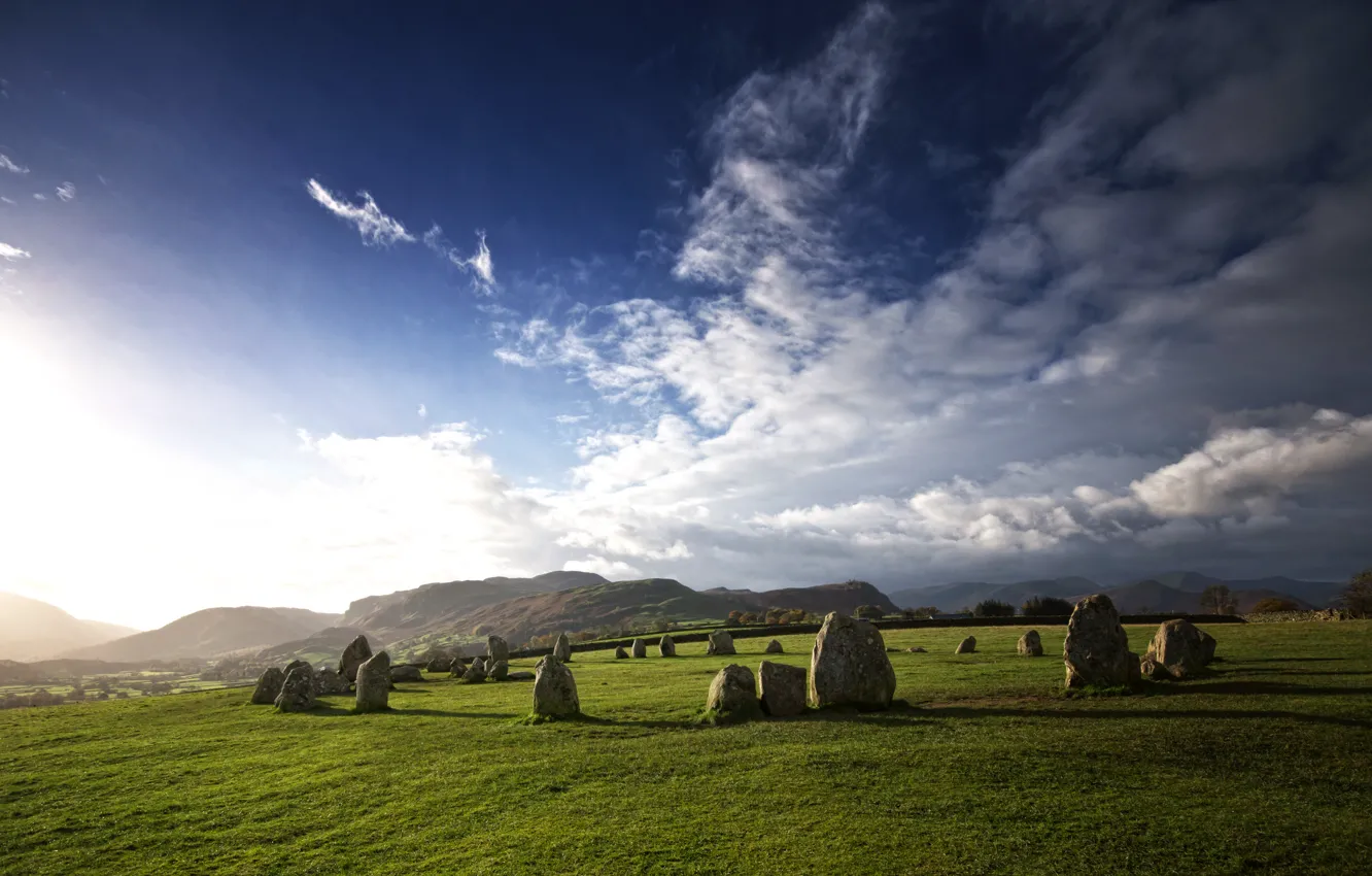 Photo wallpaper grass, sky, nature, view, stones, blue sky, England, Morning