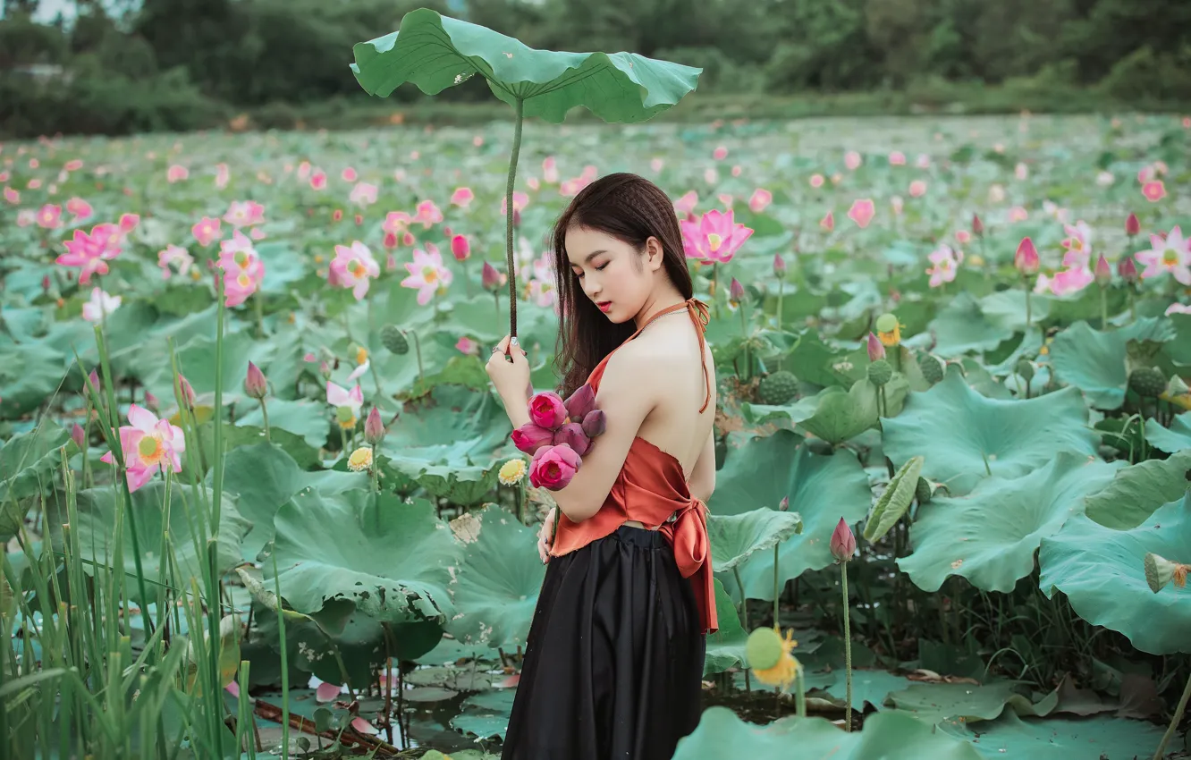Photo wallpaper leaves, girl, flowers, pond, leaf, bouquet, Asian, Lotus