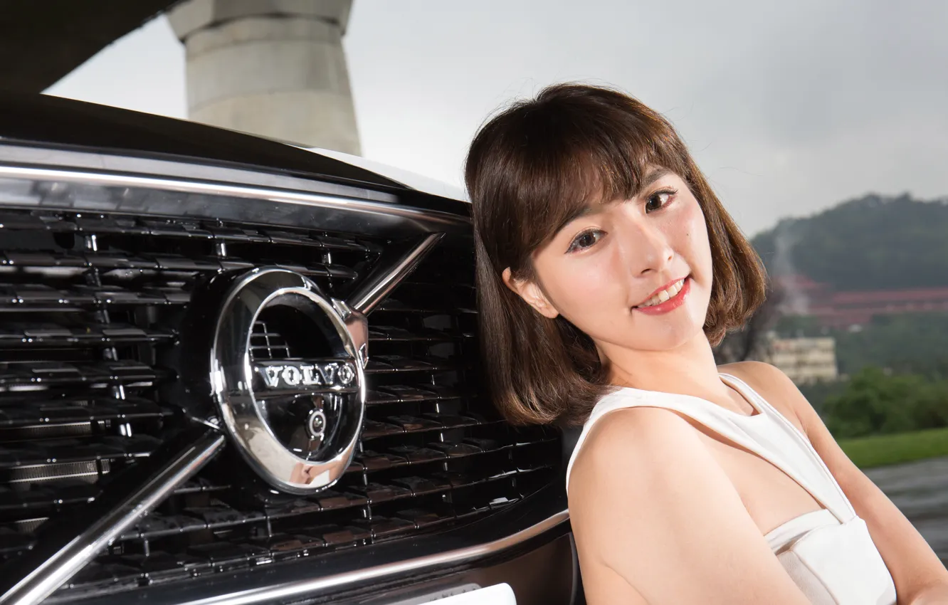 Photo wallpaper look, girl, smile, Asian, beautiful girl, black car, Volvo XC90, posing on the car