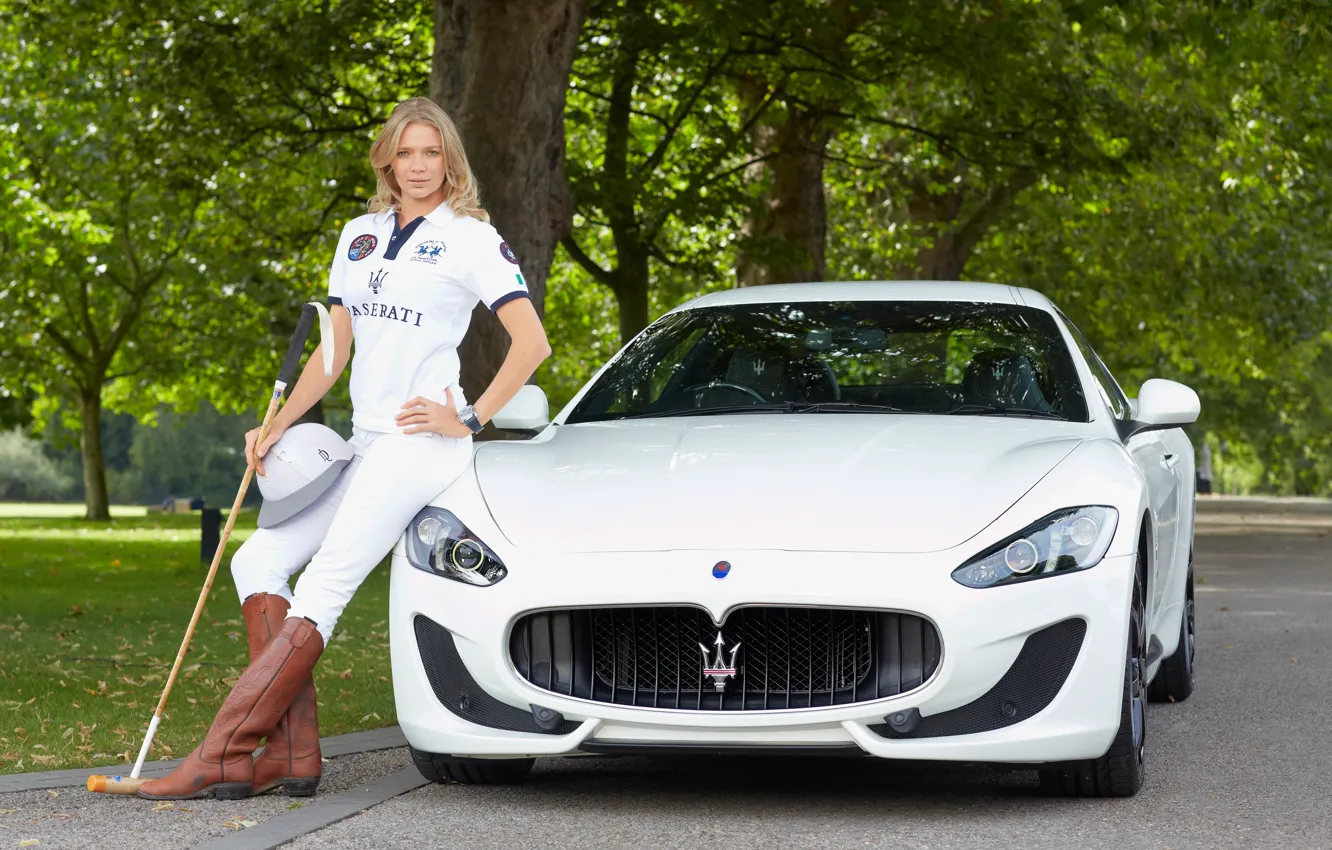 Photo wallpaper look, Maserati, Girls, beautiful girl, white car, posing on the car, jodie kidd