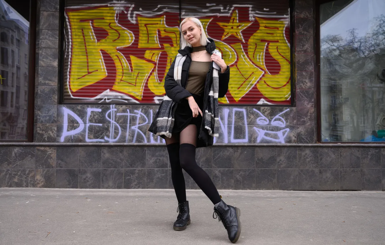 Photo wallpaper girl, sexy, young, stockings, pretty, sweet, blonde, miniskirt