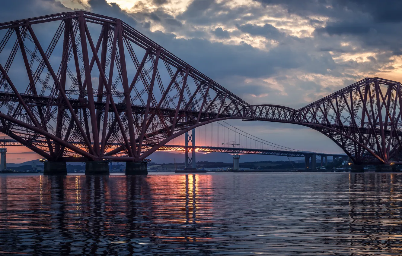 Photo wallpaper the sky, clouds, sunset, clouds, bridge, river, the evening, Scotland