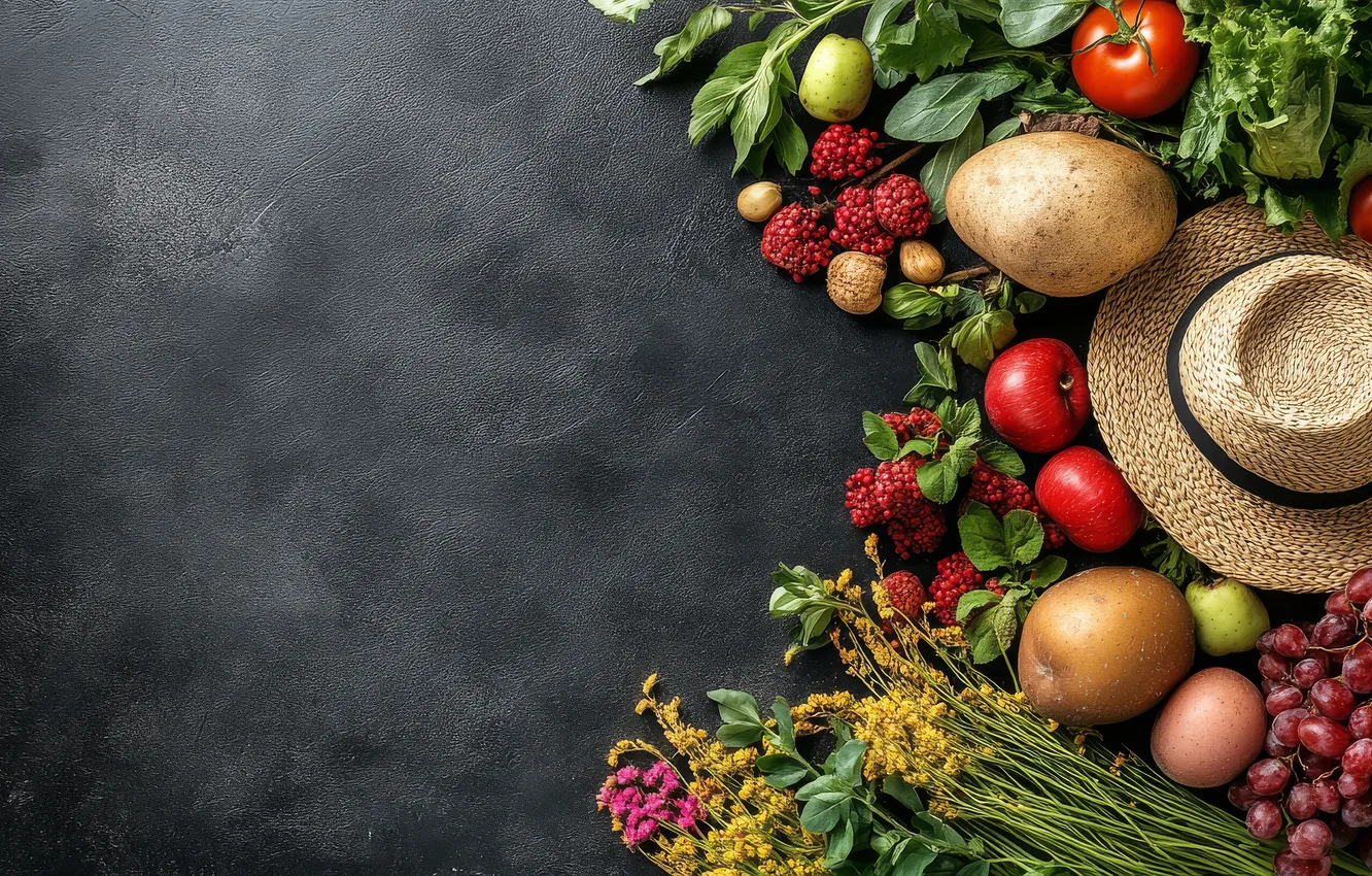 Photo wallpaper greens, leaves, flowers, red, berries, apples, bouquet, hat