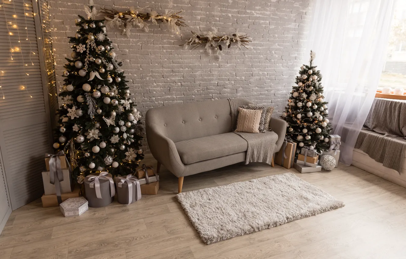 Photo wallpaper decoration, tree, new year, Christmas, interior, gifts