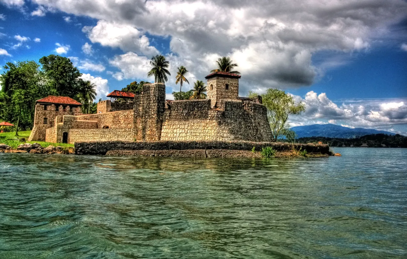 Photo wallpaper sea, the sun, clouds, trees, palm trees, coast, HDR, Fort
