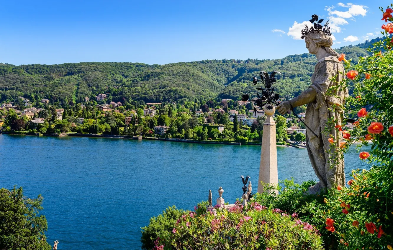 Photo wallpaper flowers, lake, island, Italy, statue, Maggiore, Isola Bella