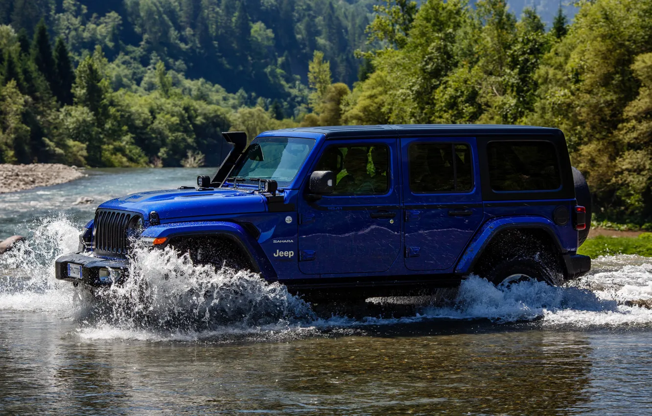 Photo wallpaper blue, river, SUV, 4x4, Jeep, 2019, Wrangler Unlimited 1941 Sahara