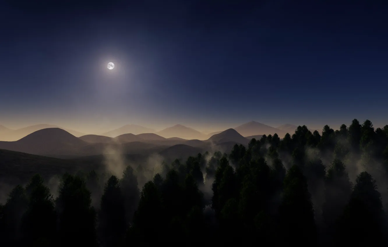 Photo wallpaper trees, mountains, fog, the moon, Forest, twilight