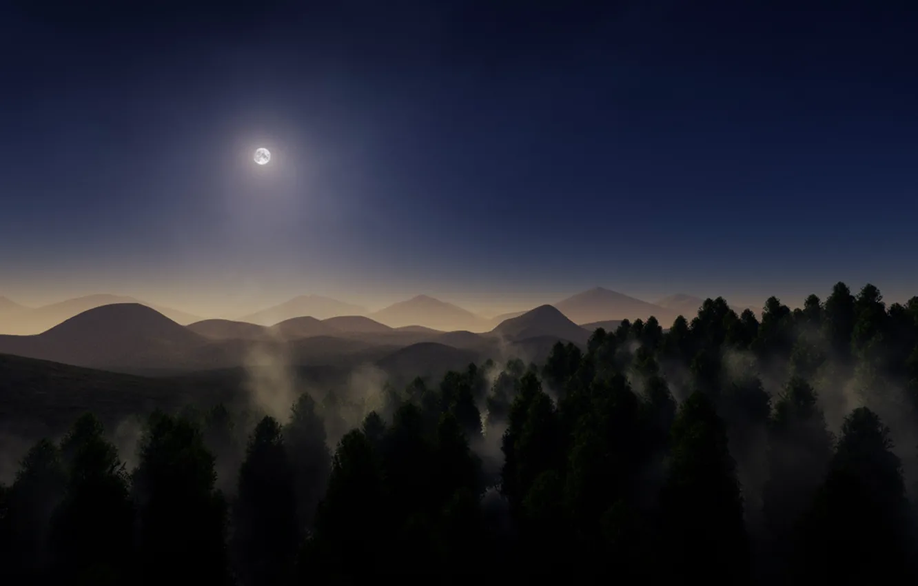 Photo wallpaper forest, trees, mountains, fog, the moon, twilight
