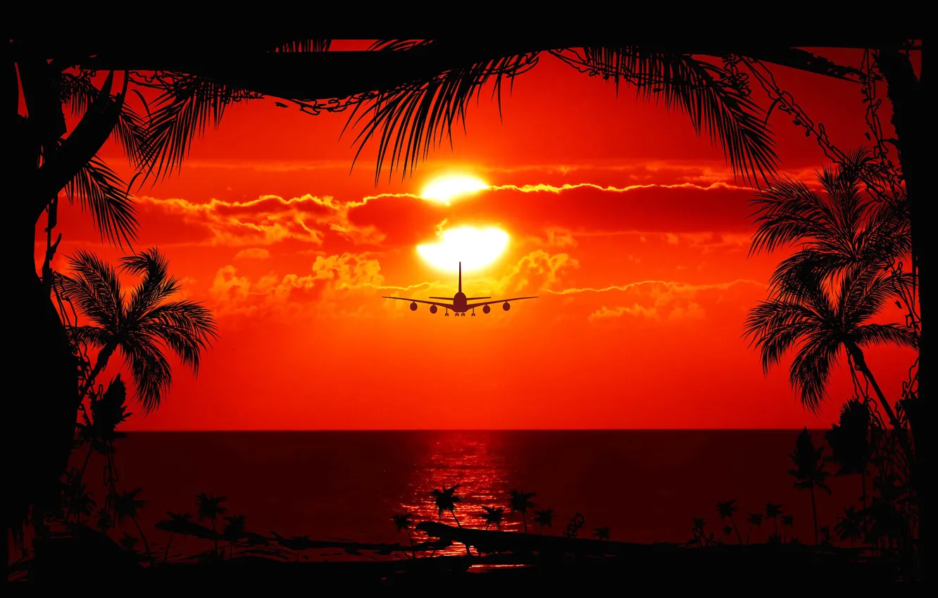 Photo wallpaper sea, the sky, the sun, clouds, sunset, the plane, window, liner